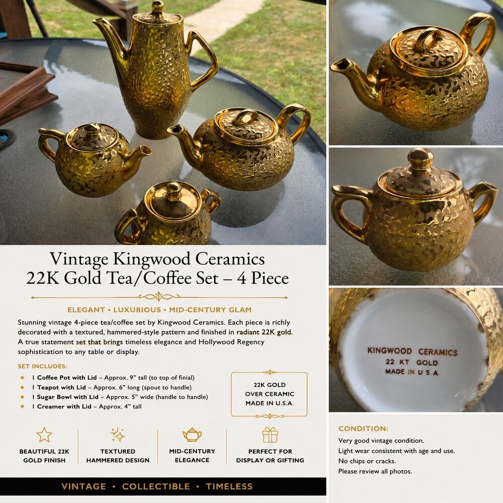 Vintage Kingwood Ceramics 22K Gold Tea Coffee Set 4 Pc Weeping Gold MCM USA